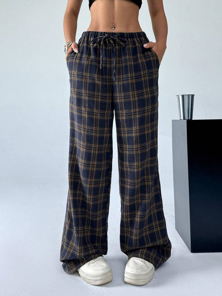 Damen lässige Karohose mit elastischem Bund und Kordelzug Drune
