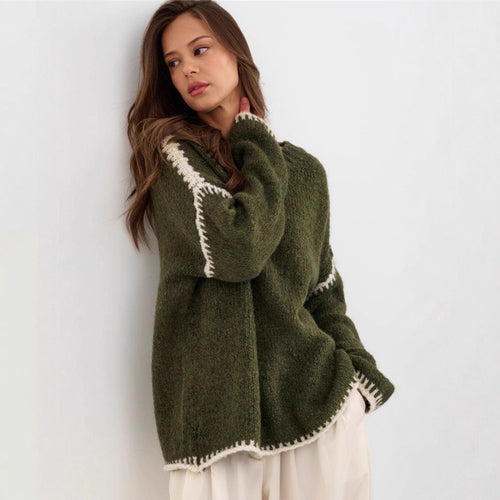 Damen lässiger Strickpullover mit farblich akzentuiertem Saum Drune