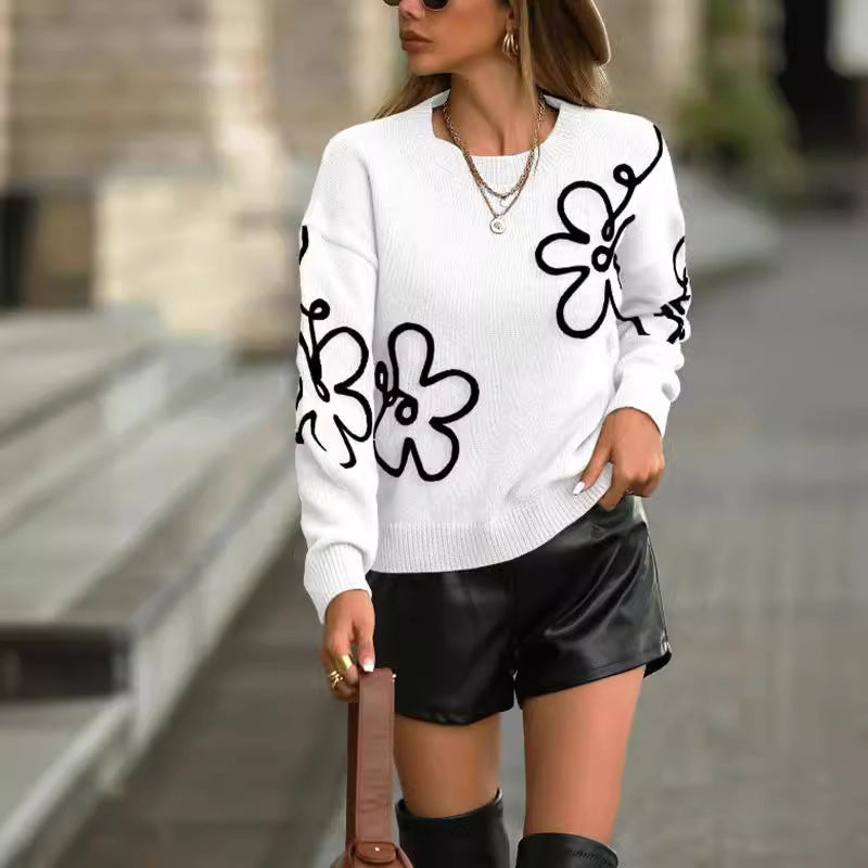 Damen Modischer Strickpullover mit floralen Applikationen und weitem Schnitt Drune