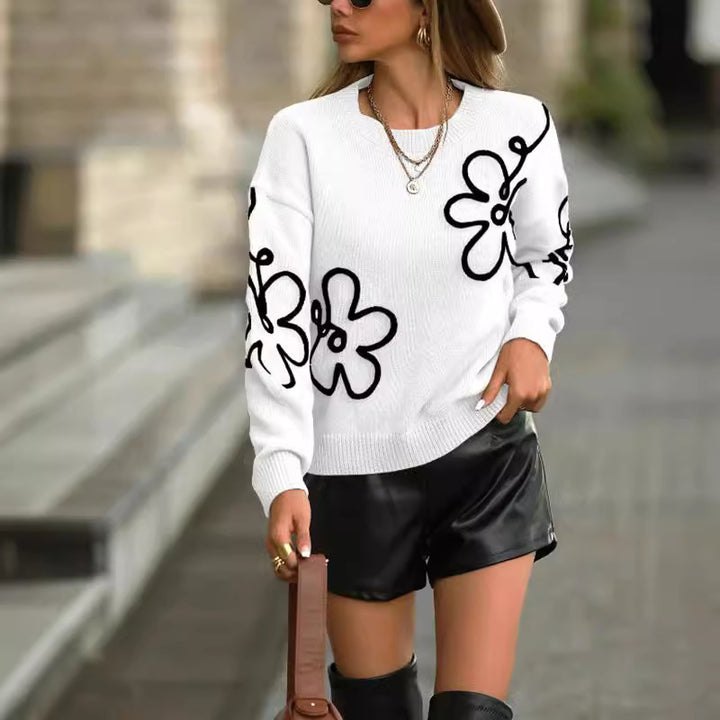 Damen Modischer Strickpullover mit floralen Applikationen und weitem Schnitt Drune