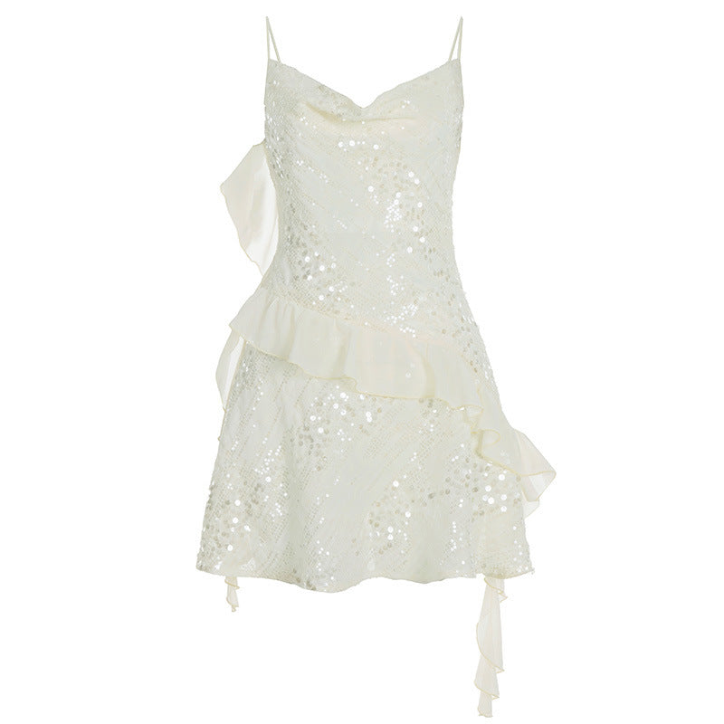 Damen Glänzendes Cocktailkleid mit Rüschendetails und Spaghettiträgern Drune