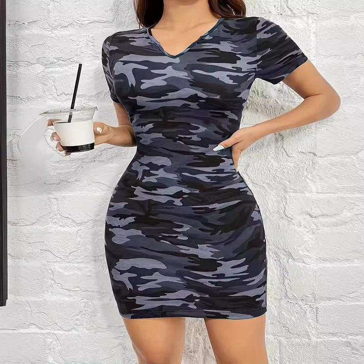Damen figurbetontes camouflagemuster Kleid mit Kurzarm und V-Ausschnitt Drune