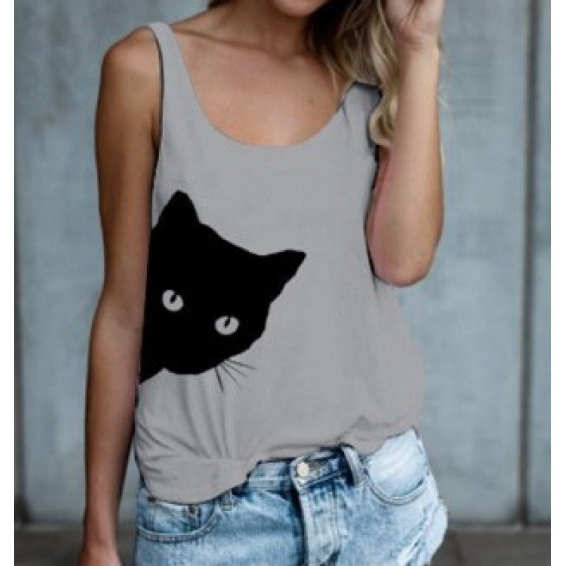 Damen Tanktop mit kreativem Katzenmotiv und lässiger Passform Drune