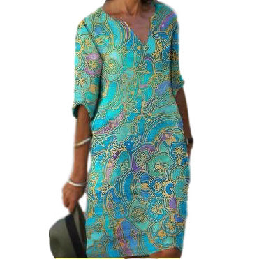 Damen Boho-Chic Strandkleid mit V-Ausschnitt und lässigem Schnitt Drune