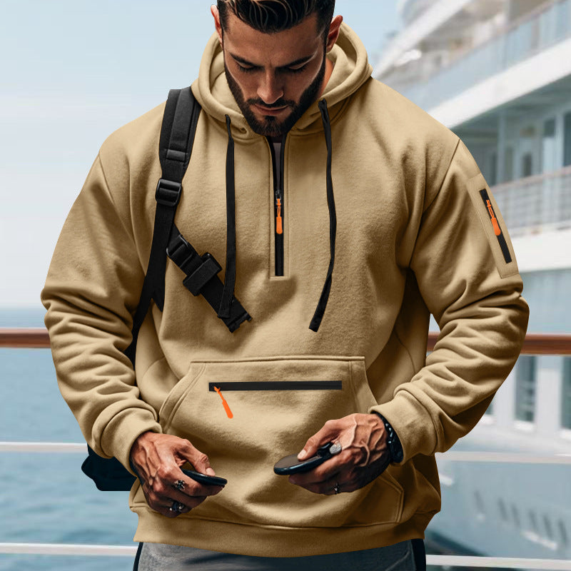 Herren nan technischer Halbzip-Outdoor-Hoodie mit verdeckter Kängurutasche, Reißverschluss-Ärmeltasche und integriertem Kabelkanal Drune
