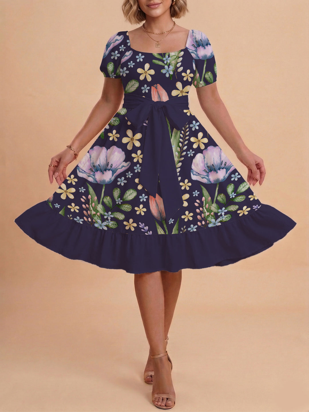 Damen Blumenkleid mit taillierbarem Gürtel und voluminösen Ärmeln Drune