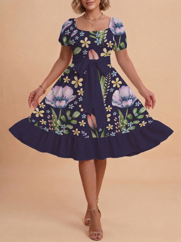 Damen Blumenkleid mit taillierbarem Gürtel und voluminösen Ärmeln Drune