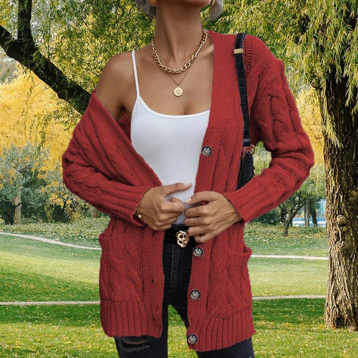 Damen grobstrickige Cardigan mit Taschen und modischem Zopfmuster Drune