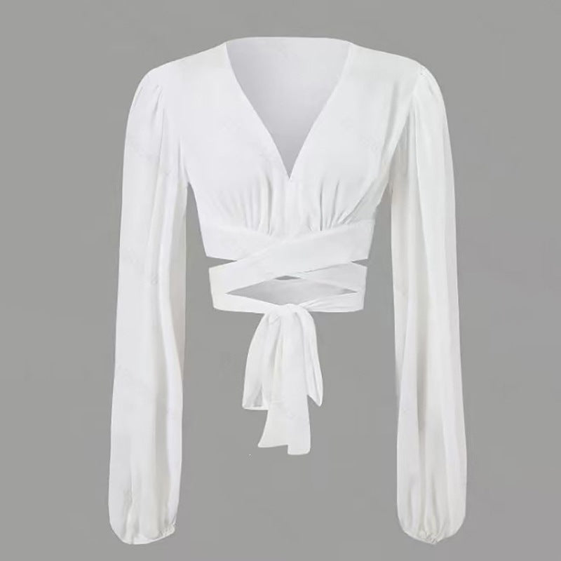 Damen Wickelbluse mit langem Arm und elegantem V-Ausschnitt Drune
