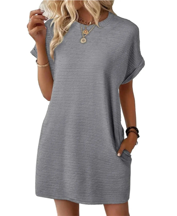 Damen lässiges Kurzarmkleid mit strukturiertem Stoff und seitlichen Taschen Drune