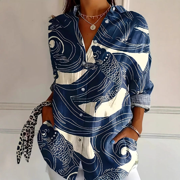 Damen Künstlich Gemustertes Button-Up Hemd Drune
