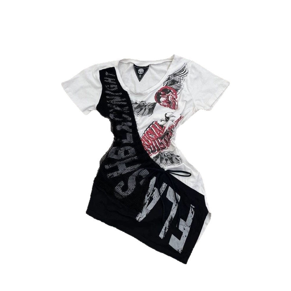 Damen lässiges T-Shirt mit einzigartigem Grafikdesign und sportlichem Mesh-Einsatz Drune