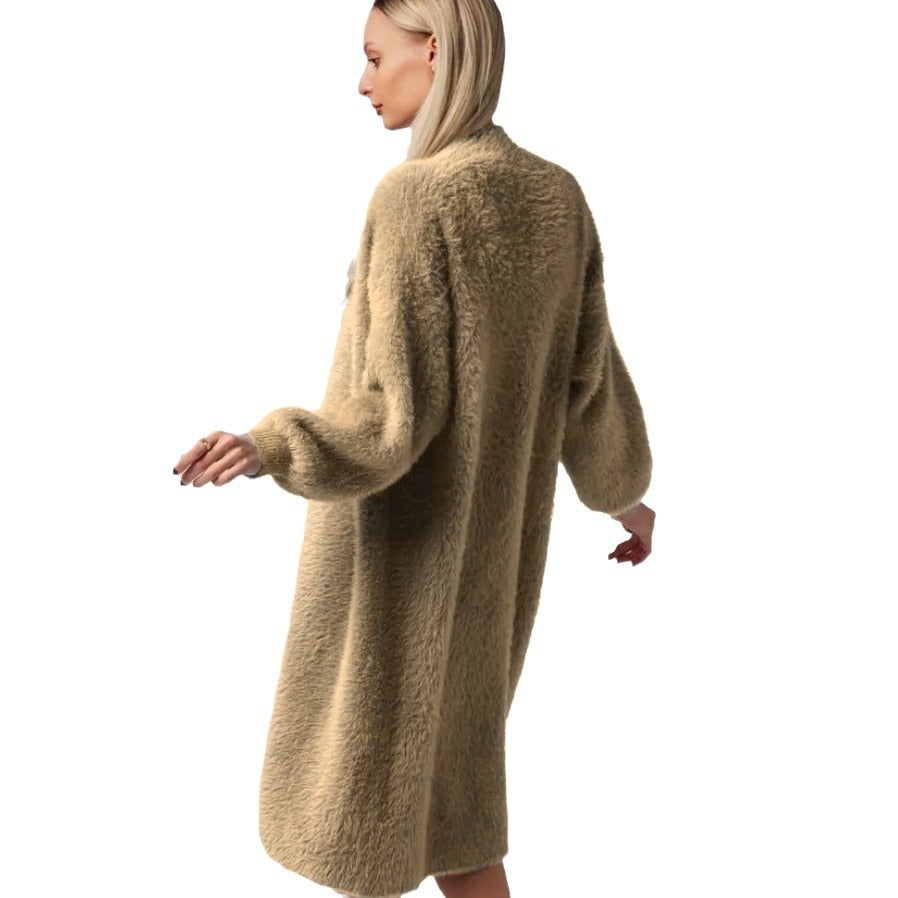 Damen Flauschiger Langstrickmantel mit seitlichem Schlitz und lockerer Passform Drune