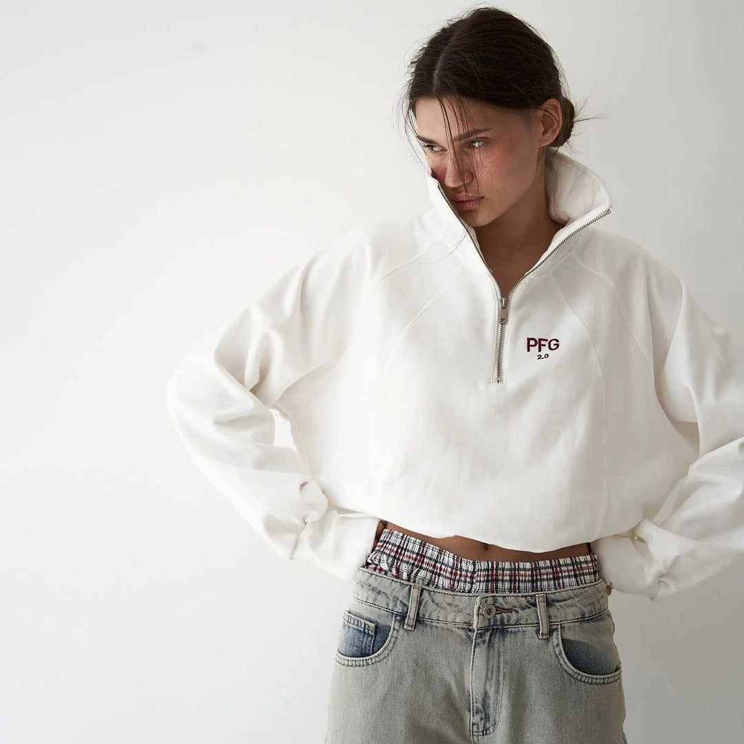 Damen Cropped Sweatshirt mit hohem Kragen und Reißverschluss Drune