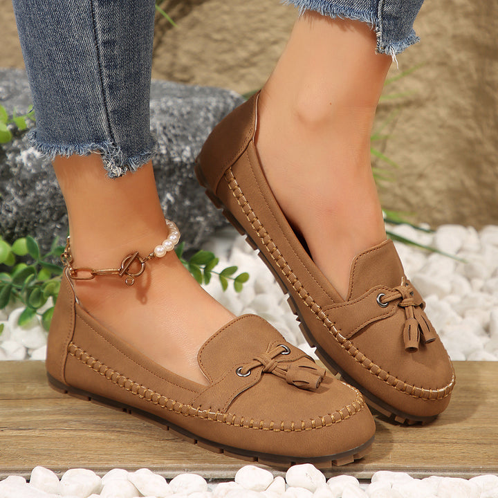 Damen  klassische Mokassin-Slipper mit Quasten, handgenähter Rahmennaht und rutschfester Gummisohle Drune