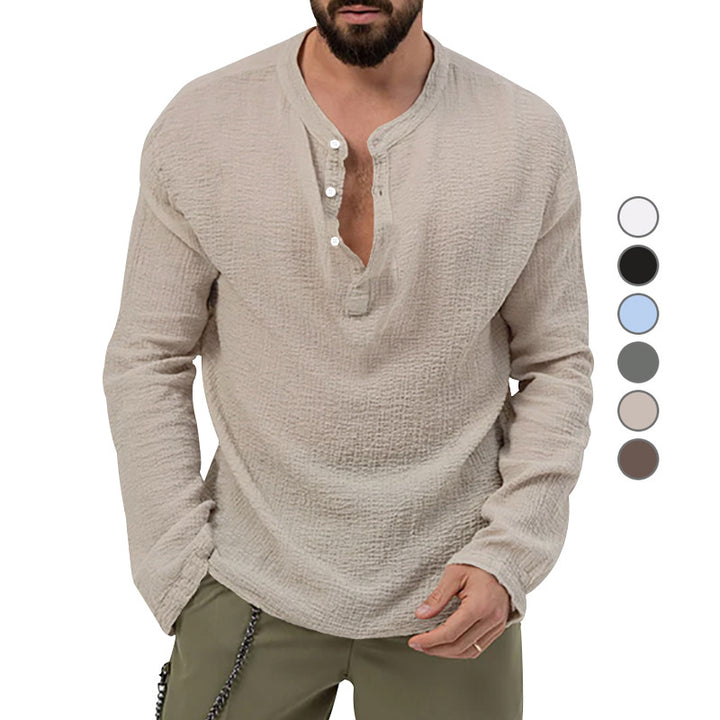 Herren nan legeres Baumwoll-Gauze-Henleyshirt mit halber Knopfleiste, relaxter Passform und feiner Crinkle-Struktur Drune