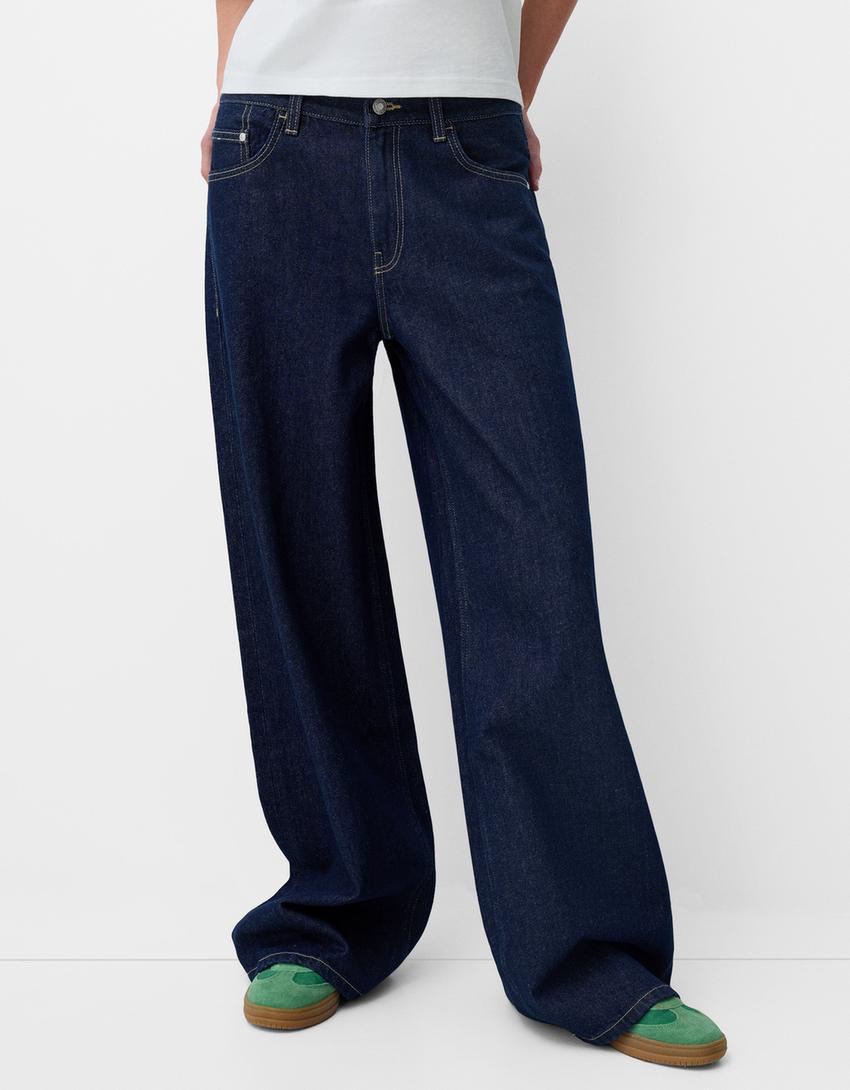 Damen nan ultraweite bodenlange Denim-Palazzohose mit cleanem Taschen-Schnitt und leichter Stretchwirkung Drune