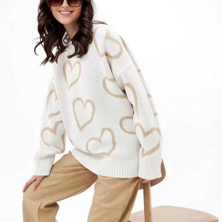 Damen Oversized Pullover mit Herzmuster und lässigem Schnitt Drune