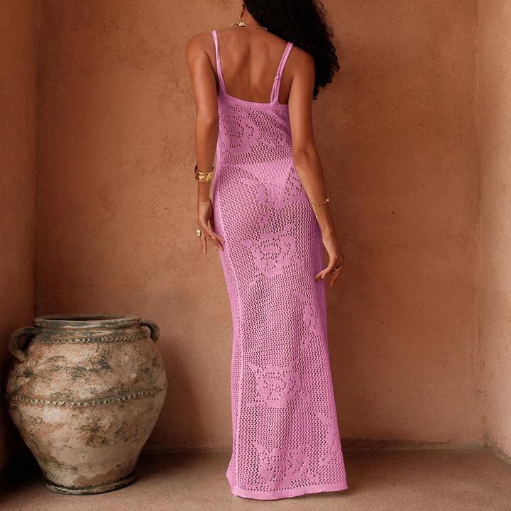 Damen Häkel-Maxi-Kleid mit transparentem Design und floralem Muster Drune