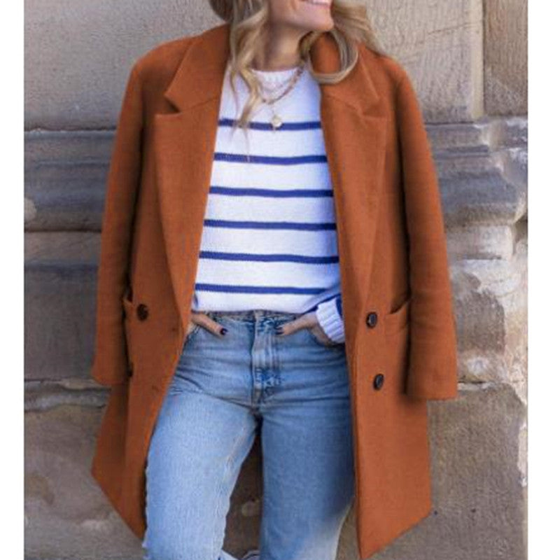 Damen eleganter und warmer Wollmantel mit doppelter Knopfleiste Drune