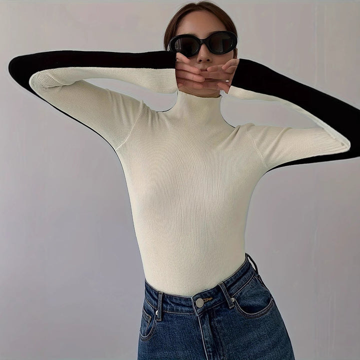 Damen Hochwertiger Rollkragenpullover mit kontrastierenden Ärmeln Drune