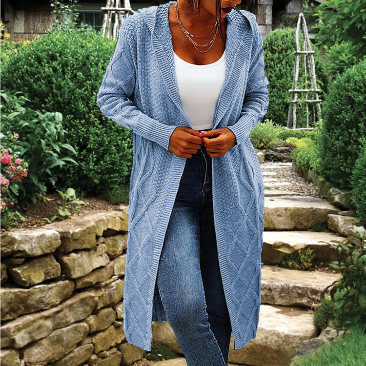 Damen langer Strickcardigan mit Hochkragen und Zopfmuster Drune