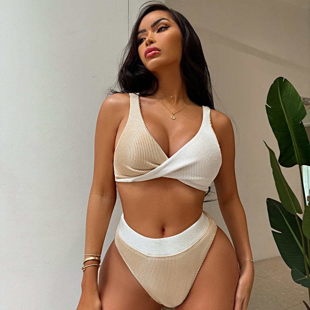 Damen Hochwertiges Ripp-Bikini-Set mit überkreuztem Oberteil Drune