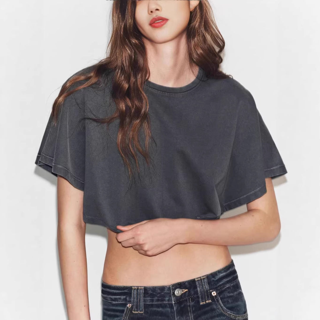 Damen cropped T-Shirt mit weit geschnittenen Ärmeln und weichem Baumwollmaterial Drune