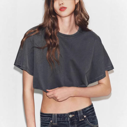 Damen cropped T-Shirt mit weit geschnittenen Ärmeln und weichem Baumwollmaterial Drune