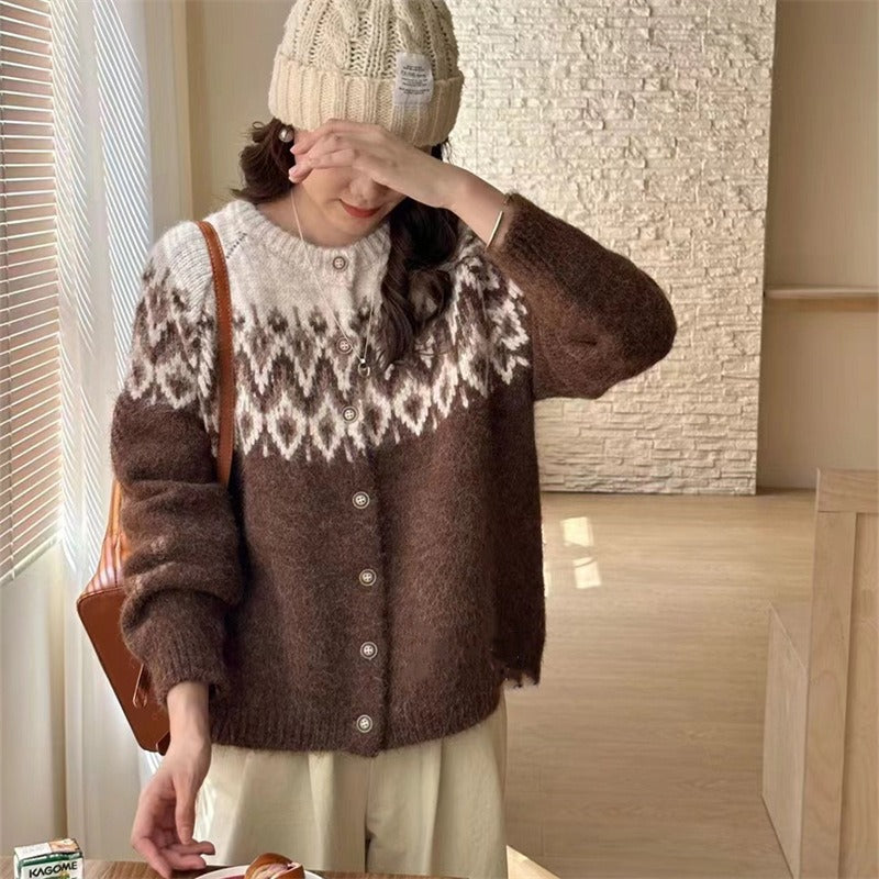 Damen Strickcardigan mit traditionellem Muster und Knopfdetails Drune