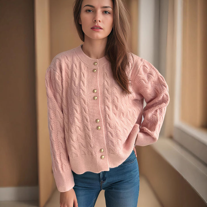 Damen Grobstrickjacke mit dekorativen Knöpfen und Kabelmuster Drune