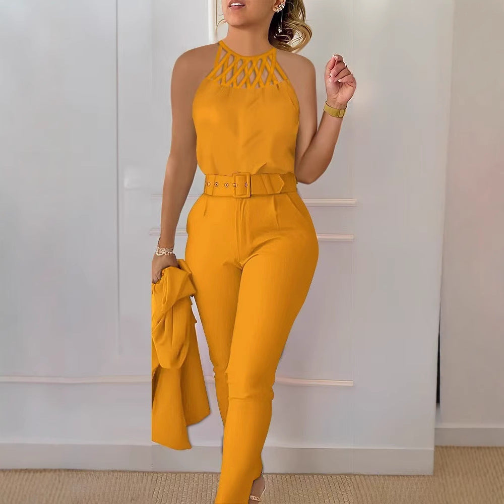 Damen Eleganter Jumpsuit mit schickem Gürtel und raffiniertem Cut-Out Drune