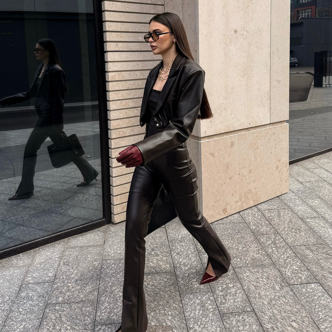 Damen Elegantes Lederanzug mit modischem Blazer und schmal geschnittenen Hosen Drune