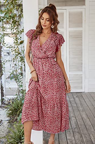 Damen Maxikleid mit tiefem V-Ausschnitt und schwingendem Rock Drune