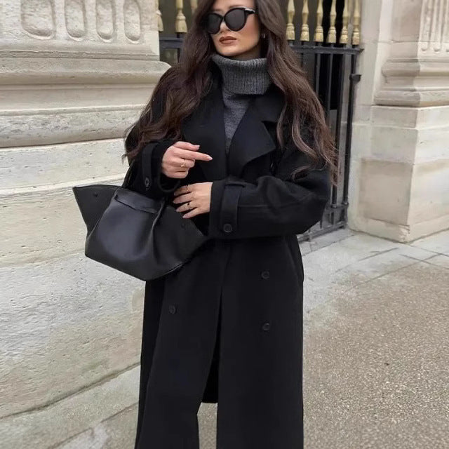 Damen Eleganter Long-Trenchcoat mit strukturiertem Stehkragen Drune