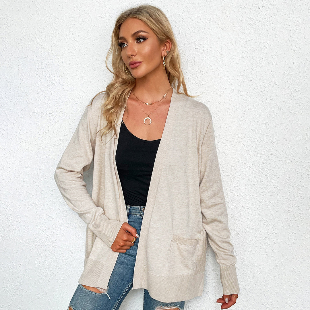 Damen lässiger Strickcardigan mit tiefem V-Ausschnitt und praktischen Taschen Drune