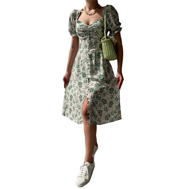 Damen Blumenkleid mit gerafften Ärmeln und seitlichem Schlitz Drune