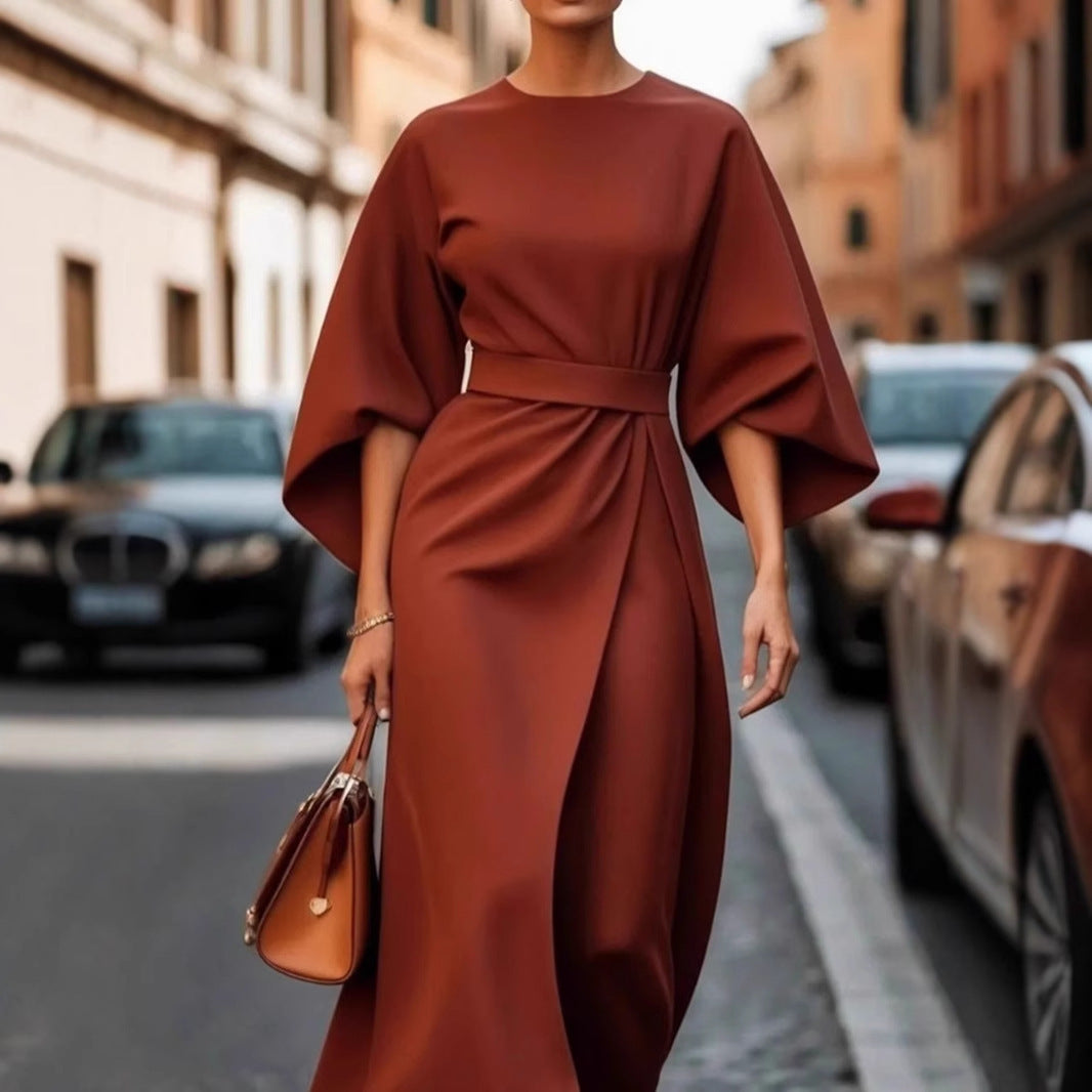 Damen elegantes Maxikleid mit oversized Ärmeln und tailliertem Gürtel Drune