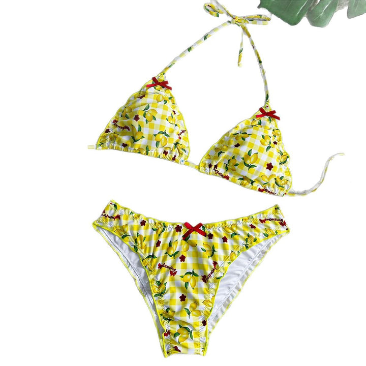 Damen Triangel Bikini mit frischem Karomuster und kontrastierenden Schleifen Drune
