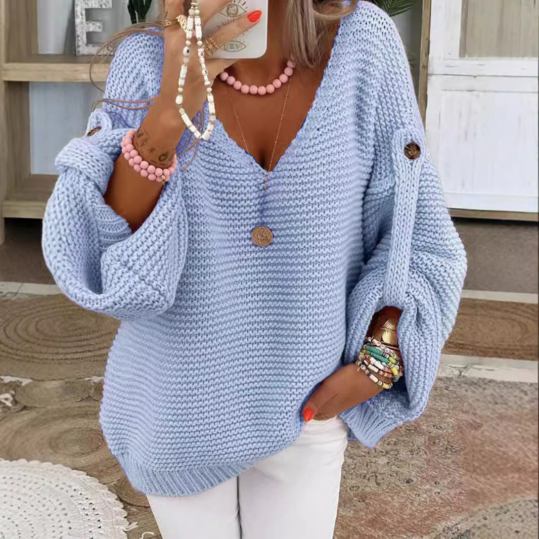 Damen V-Ausschnitt Strickpullover mit weitem Schnitt Drune