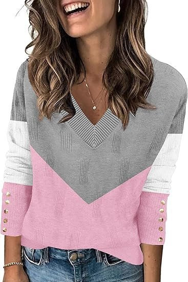 Damen Modischer V-Ausschnitt Pullover mit Farbblock und Knopfdetails Drune