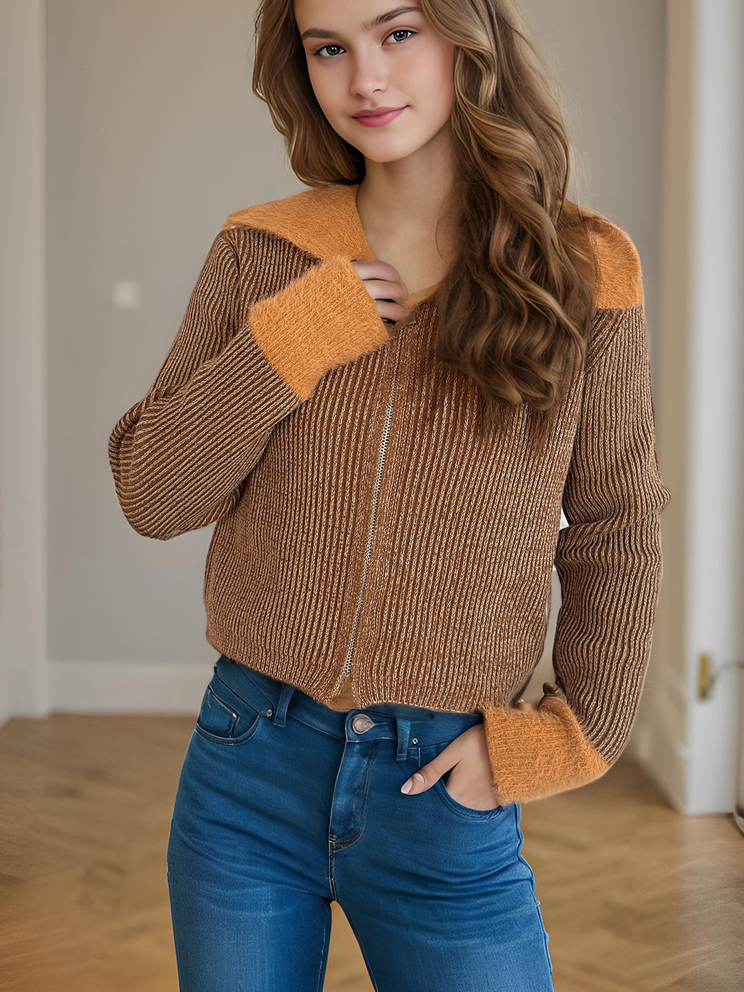 Damen bequeme Strickjacke mit praktischen Reißverschluss-Details und modernen Puffärmeln Drune
