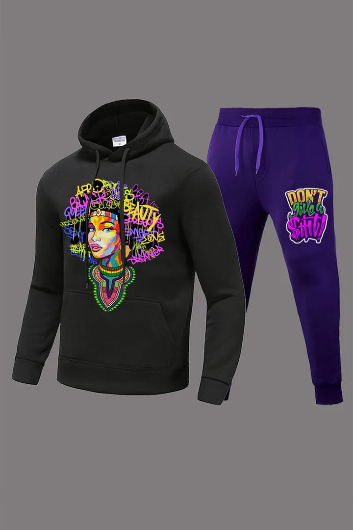 Damen Stadium Hoodie und Jogginghose Set mit buntem Grafiken Drune