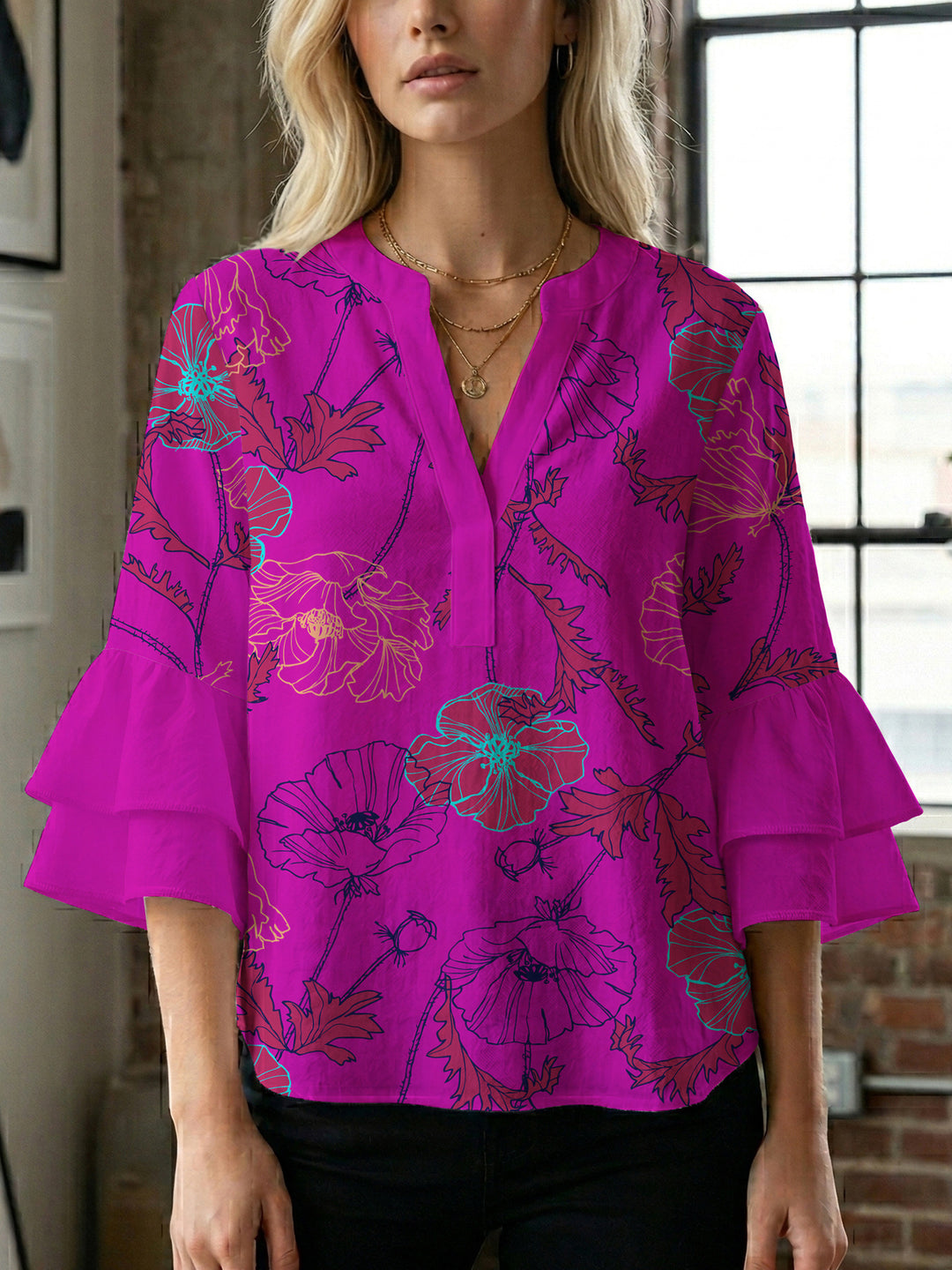 Damen Blusenshirt mit voluminösen Ärmeln und floralem Muster Drune
