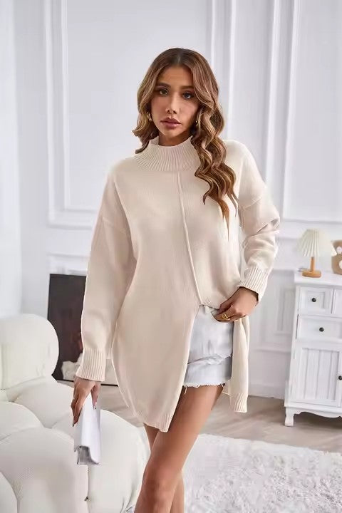 Damen Oversized Strickpullover mit hohem Kragen Drune