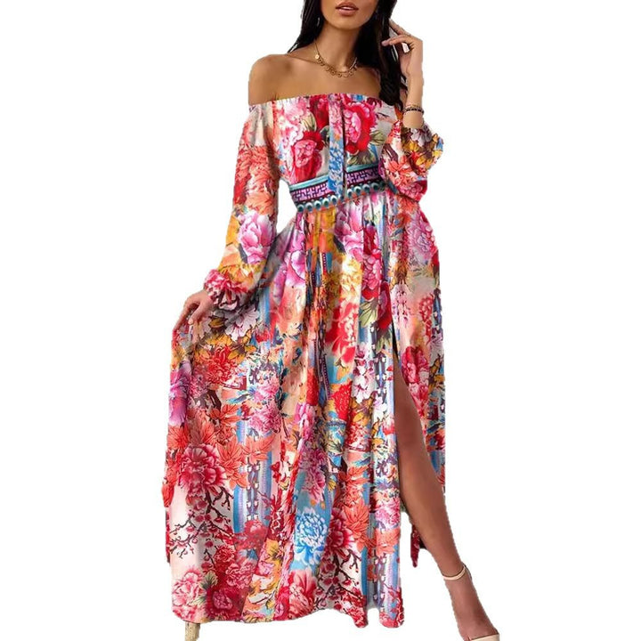 Damen Elegantes Off-Shoulder Maxikleid mit raffinierten Plisseedetails und hohem Schlitz Drune