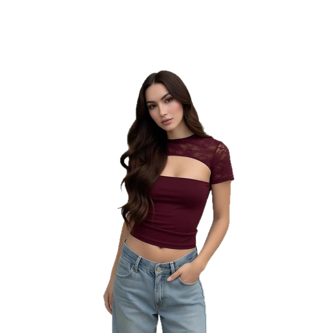 Damen Cropped Top mit Spitzenmuster und figurbetontem Schnitt Drune