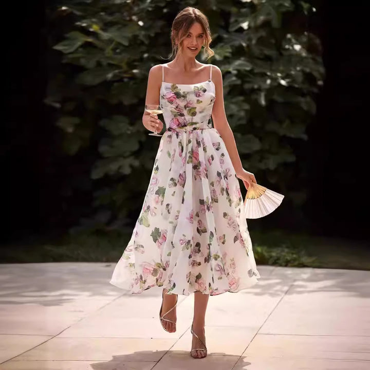 Damen Midi-Kleid mit floralem Chiffon und elegantem Taillengürtel Drune