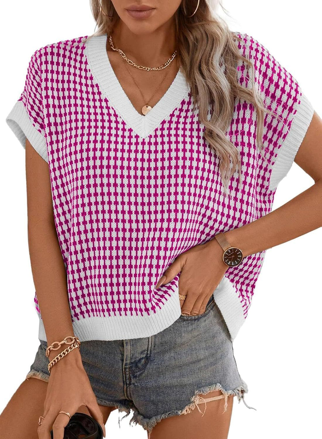 Damen Viskose Stricktop mit modernem Karomuster und V-Ausschnitt Drune