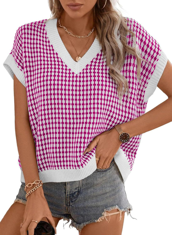 Damen Viskose Stricktop mit modernem Karomuster und V-Ausschnitt Drune